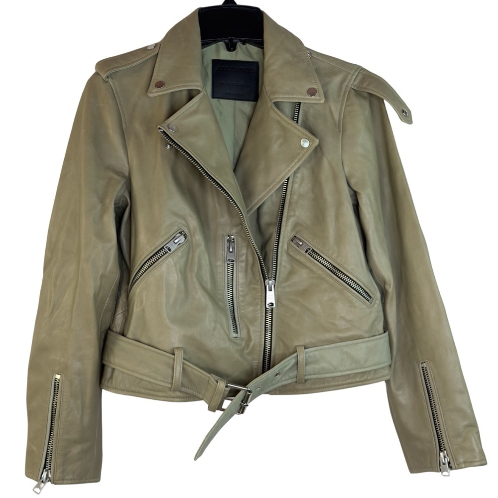 ALLSAINTS Women's Balfern Leather Biker Jacket in Soft Sage Size 6 - Picture 2 of 16